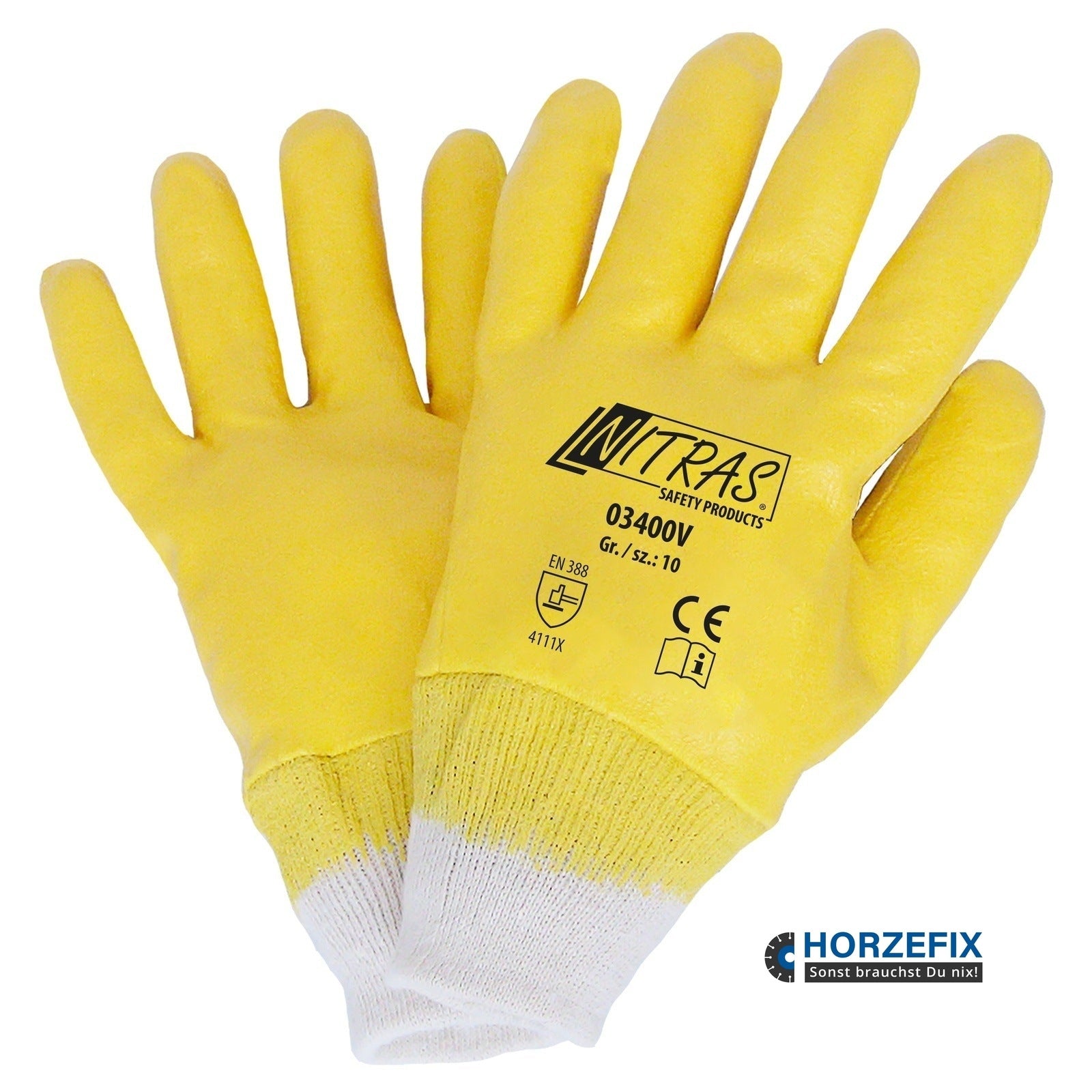 03400V Nitras Nitril Baumwollhandschuhe gelb vollbeschichtet 12 Paar Gr 7-11 horzefix
