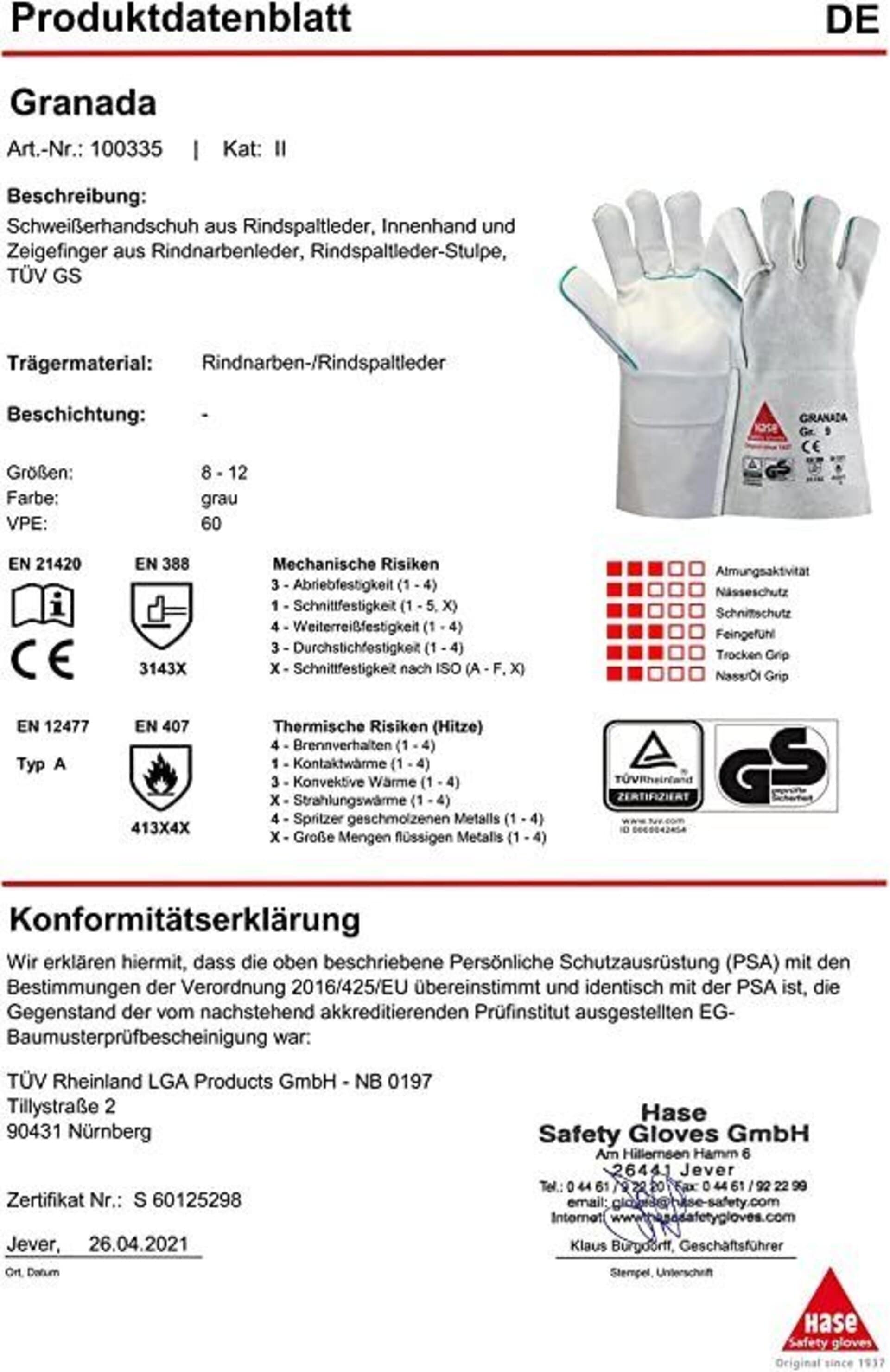 100335 Hase Granada- long 5-Fg Schweißerhandschuh hitzebeständig 6 Paar Gr 8-12 Hase Safety Gloves
