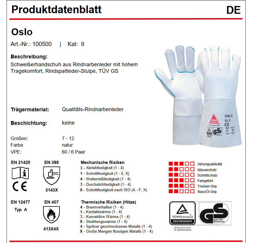 100500 Hase Schweißerhandschuh Oslo Rindnarbenleder Stulpe 6 Paar Gr 7-12 Hase Safety Gloves