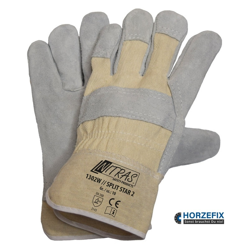 1302W Nitras Split Star 2 Rindspaltlederhandschuhe mit Segeltuchstulpe 12 Paar Gr 10 horzefix