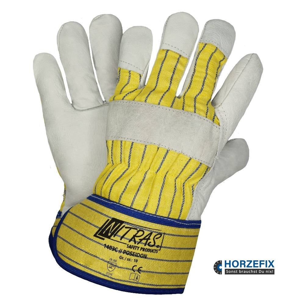 1403C Nitras Poseidon Rindvolllederhandschuhe gelb/blau gestreift Stulpe 12 Paar Gr 10 horzefix