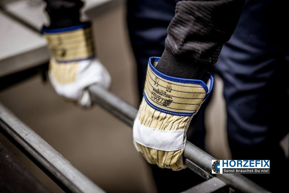 1403C Nitras Poseidon Rindvolllederhandschuhe gelb/blau gestreift Stulpe 12 Paar Gr 10 horzefix