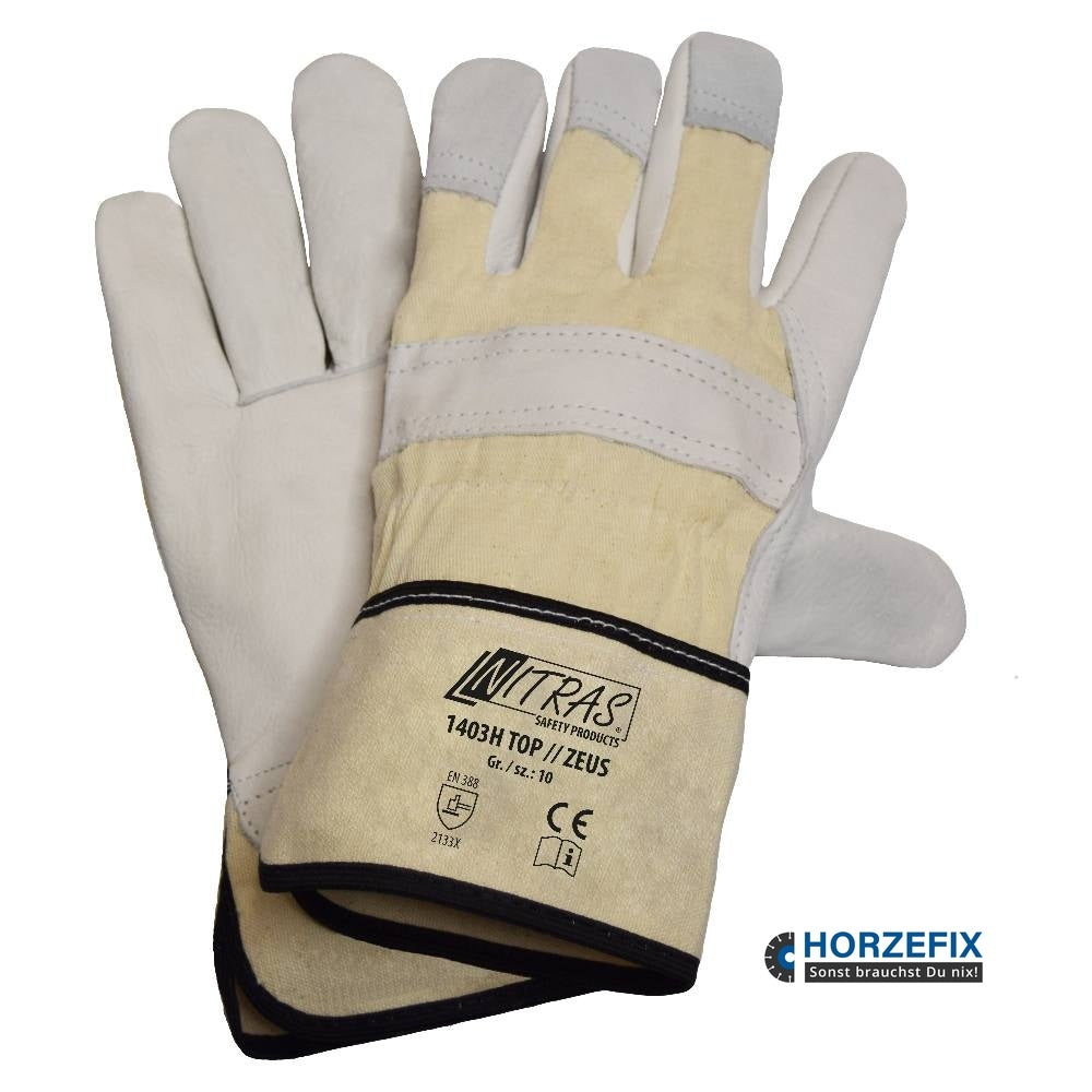 1403H Nitras Top Zeus Rindvolllederhandschuhe Segeltuchstulpe 12 Paar grau Gr 8-12 horzefix