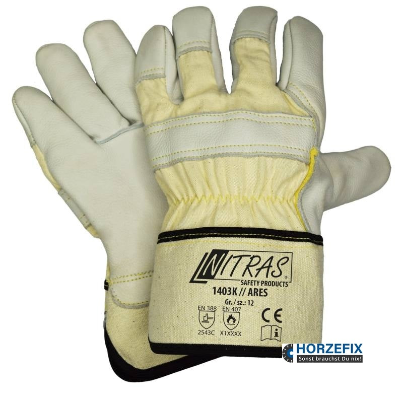 1403K Nitras Ares Rindvollleder-Schnittschutzhandschuhe gefüttert 12 Paar Gr 8-12 horzefix