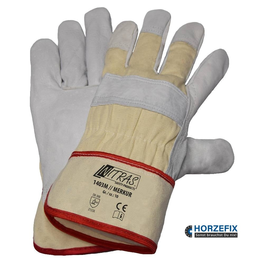 1403M Nitras MERKUR Rindvollleder Arbeitshandschuh grau mit Stulpe 12 Paar Gr 10 horzefix