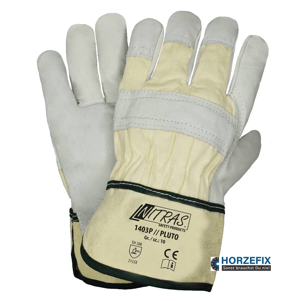 1403P Nitras PLUTO Rindvolllederhandschuh Doppelnähte grau Segeltuchstulpe 12 Paar Gr 10 horzefix