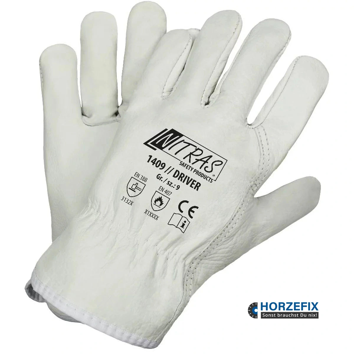 1409 Nitras Driver Rindvolllederhandschuhe EN 407 hitzebeständig grau 12 Paar Gr 8-12 horzefix