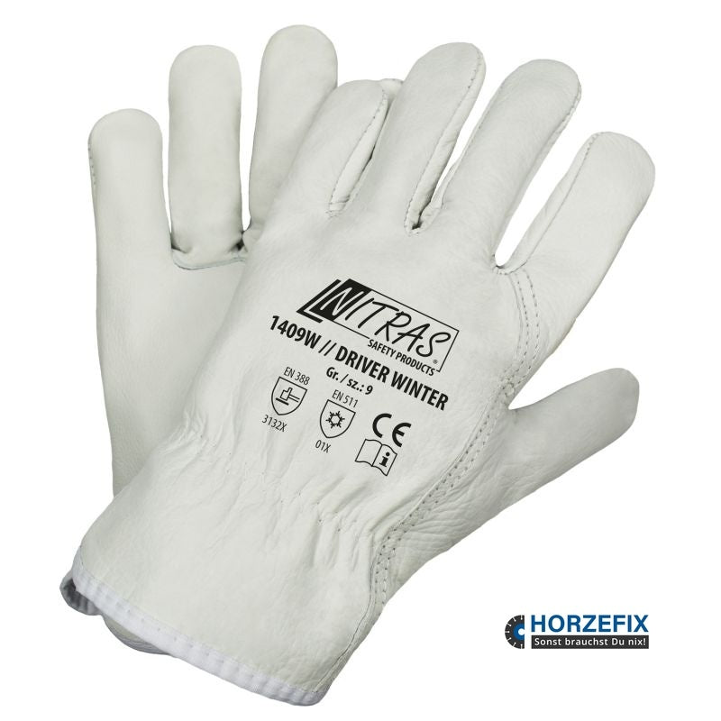 1409W Nitras Driver Winter Rindvolllederhandschuhe EN 407 grau 60 Paar Gr 8-12 horzefix