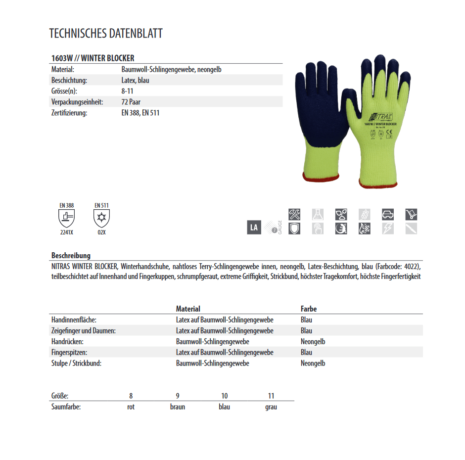 1603W Nitras Winter Blocker Winterhandschuhe Kältehandschuh Größe 12 Paar 8-11 horzefix