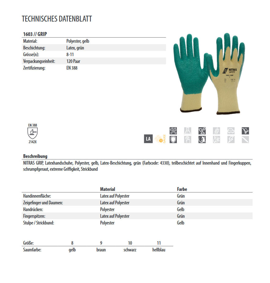 1603 Nitras Grip Latexhandschuh grün schrumpfgeraut 12 Paar Gr 8-11