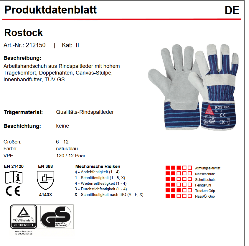 212150 Hase Rostock Arbeitshandschuh Rindspaltleder 12 Paar Gr 7-12 Hase Safety Gloves