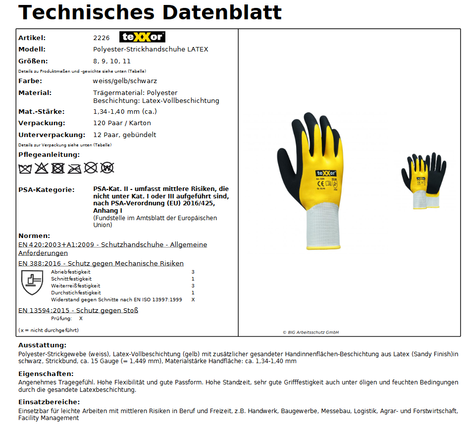 2226 texxor Arbeitshandschuhe Latex Montage Strickhandschuhe 120 Paar Gr 7-11