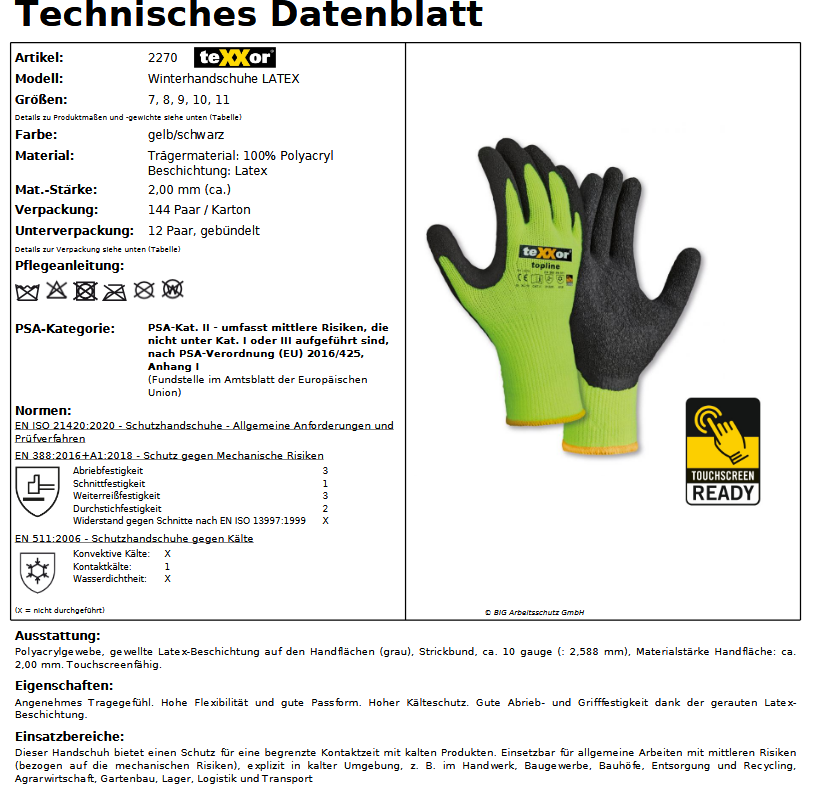 2270 texxor Winterhandschuh Polyacryl Thermo Kältehandschuh Neon 144 Paar Gr. 7-11