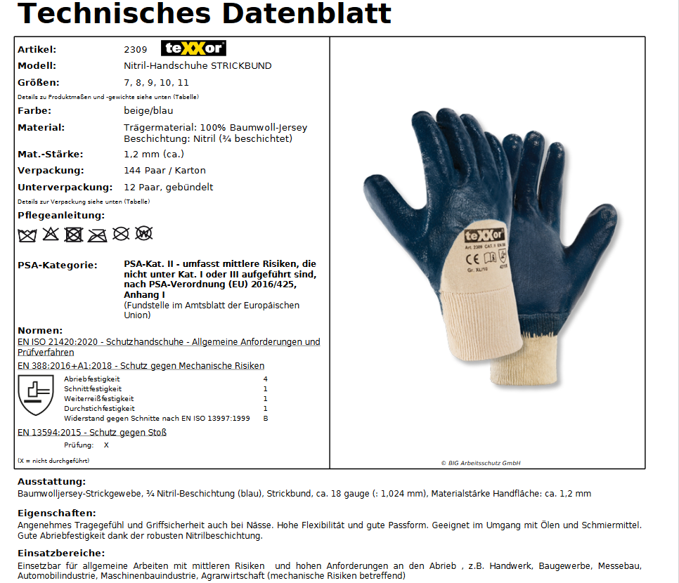 2309 texxor 3/4 Nitril beschichtet blau Strickhandschuh 12-144 Paar Gr 7-11