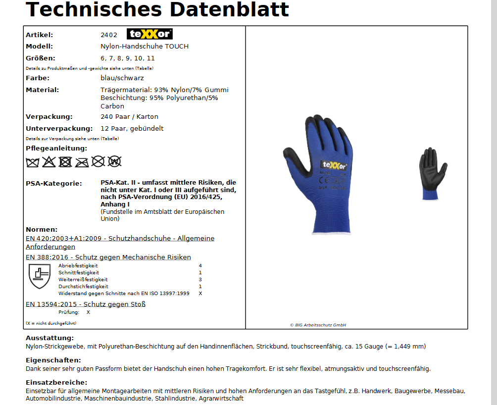 2402 texxor Nylon Strickhandschuhe PU touchscreen 240 Paar Gr 6-11
