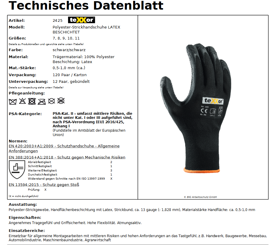 2425 texxor Latex Grip Montagehandschuhe 12-120 Paar Polyesterhandschuhe Gr 7-11