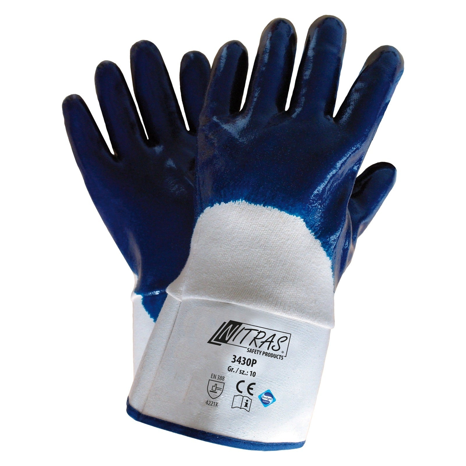3430P Nitras Nitrilhandschuhe Baumwoll-Jersey 3/4 beschichtet Stulpe blau 12 Paar Gr 10 horzefix