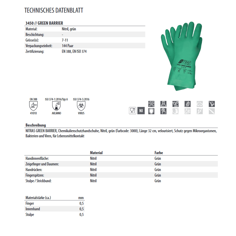 3450 Nitras green Barrier Chemikalienschutzhandschuh nitril grün 12 Paar Gr 8-11 horzefix