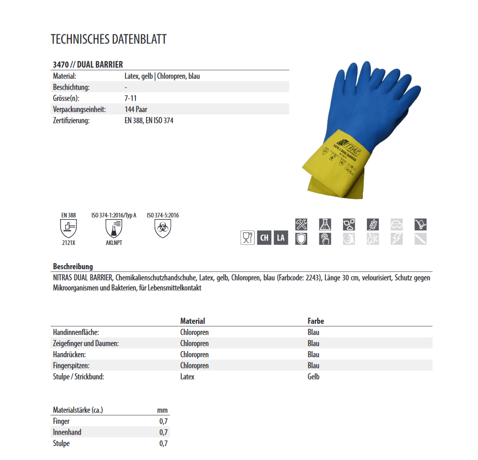 3470 Nitras dual Barrier latex blau Chemiehandschuh 12 Paar Gr 7-11 Nitras