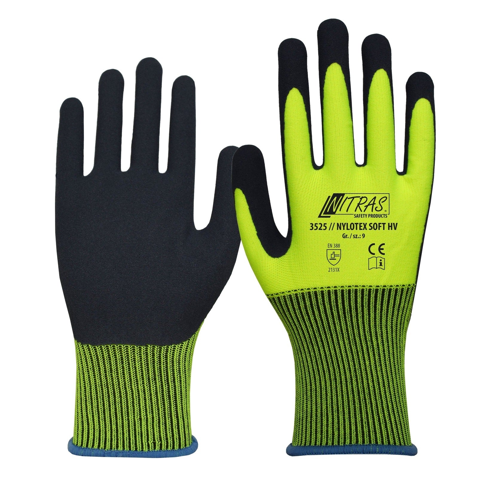 3525 Nitras Schutzhandschuhe Nylotex Soft HV Gartenhandschuh/ Bauhandschuh/Signalfarbe/weich/rutschfest/Latex 12 Paar Gr 7-12 horzefix