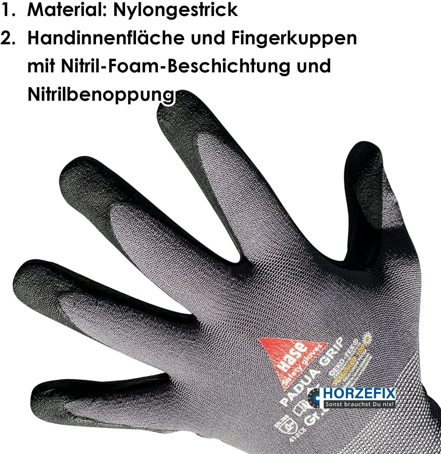 508150 Hase Montagehandschuh Padua Grip aus Nylon Feinstrick Nitrilnoppung 10 Paar Gr. 6-11 horzefix