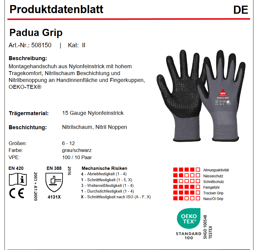 508150 Hase Montagehandschuh Padua Grip aus Nylon Feinstrick Nitrilnoppung 10 Paar Gr. 6-11 horzefix