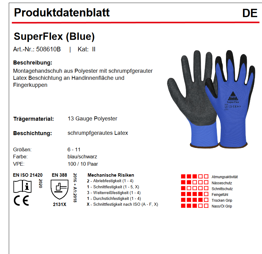 508610B Hase Superflex blue Montagehandschuh Polyester/Latex 10 Paar Gr 6-11 Hase Safety Gloves