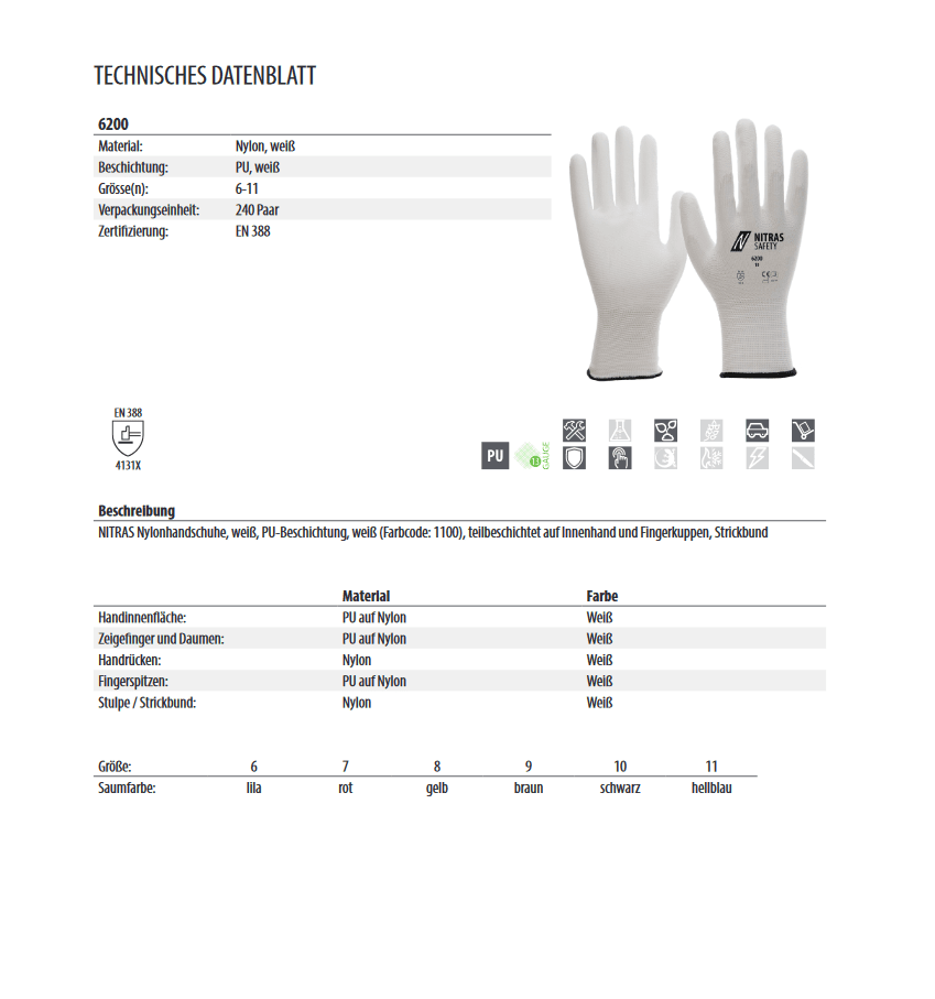 6200 Nitras Nylonhandschuh weiß teilbeschichtet 12 Paar Gr 6-11 horzefix