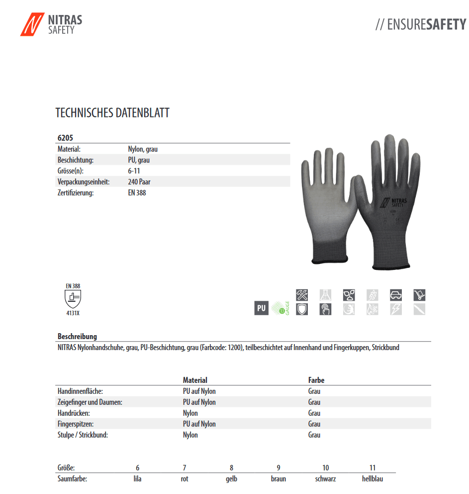 6205 Nitras Nylon grau PU-teilbeschichtet Feinmechaniker 12 Paar Gr 6-11 horzefix