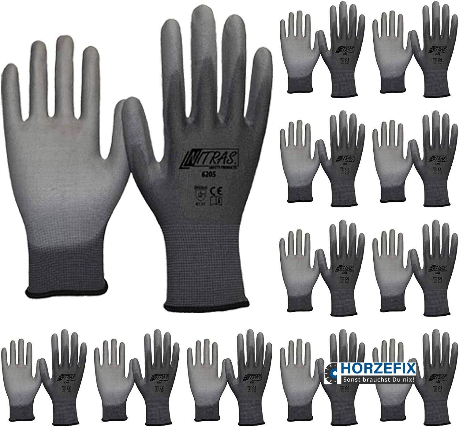 6205 Nitras Nylon grau PU-teilbeschichtet Feinmechaniker 12 Paar Gr 6-11 horzefix