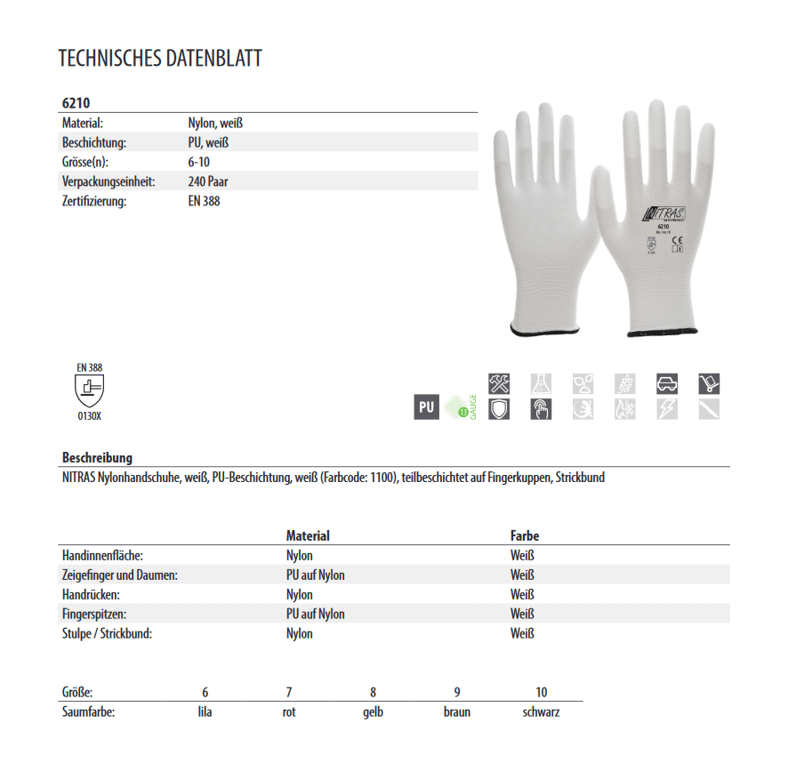6210 Nitras Nylonhandschuh weiß teilbeschichtet auf Fingerkuppen 12 Paar Gr 6-10 horzefix