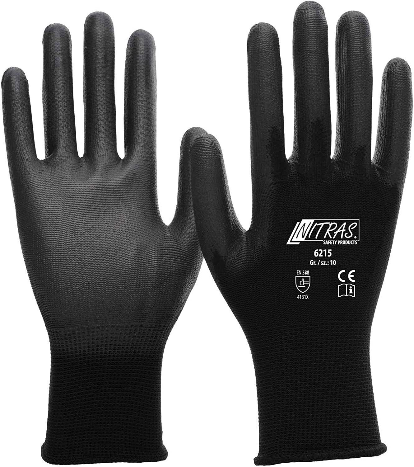 6215 Nitras Nylon schwarz mit PU-Beschichtung Feinmechaniker 12 Paar Gr 6-11 horzefix