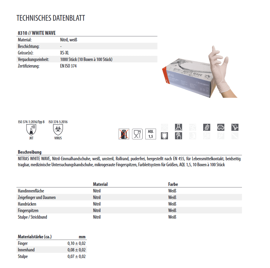 8310 Nitras white wave nitril Einmalhandschuhe puderfrei weiß reißfest 10 Boxen je 100 Stück Gr. XS-XL Nitras Medical