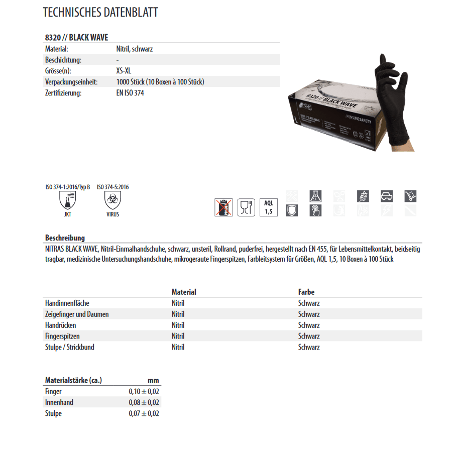 8320 Nitras black wave nitril-Einmalhandschuh Schwarz 100 Stück je Box Gr XS-XL horzefix