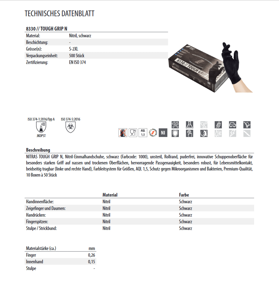 8330 Nitras Einmalhandschuh Nitril Tough Grip N puderfrei Box je 50 Stück Gr S-XXL horzefix