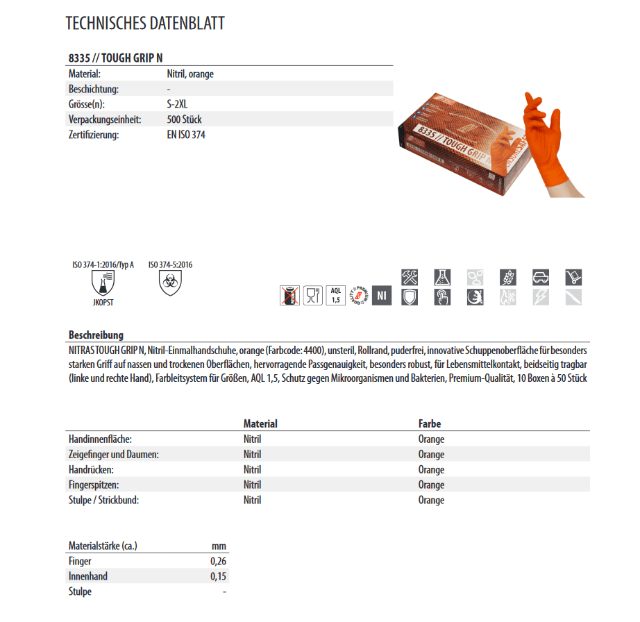 8335 Nitras Tough Grip N 300 Nitril orange Einmalhandschuh puderfrei 1 Box 50 Stück Gr S-2XL horzefix