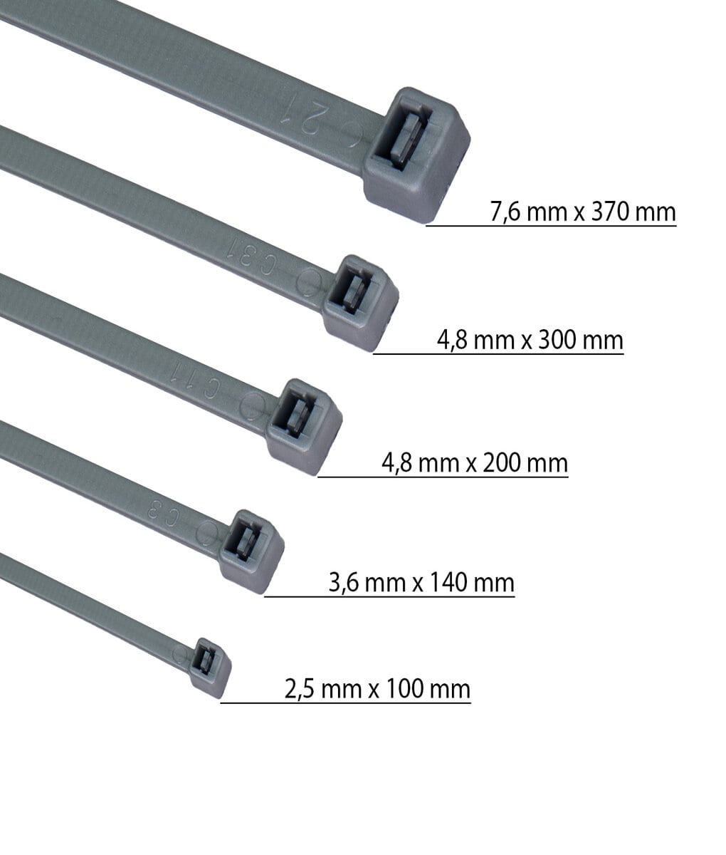 HorzeFix Kabelbinder 100 Stück grau lang uv beständig Universalbinder 2,5/3,6/4,8/7,6 breit HorzeFix