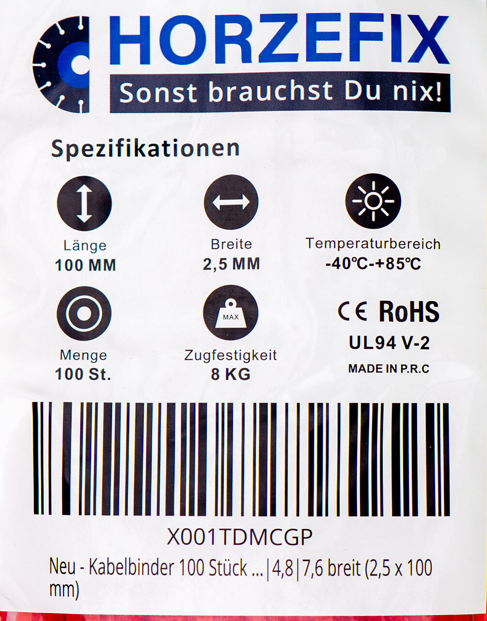 HorzeFix Kabelbinder 100 Stück rot lang uv beständig Universalbinder 2,5/3,6/4,8/7,6 breit horzefix