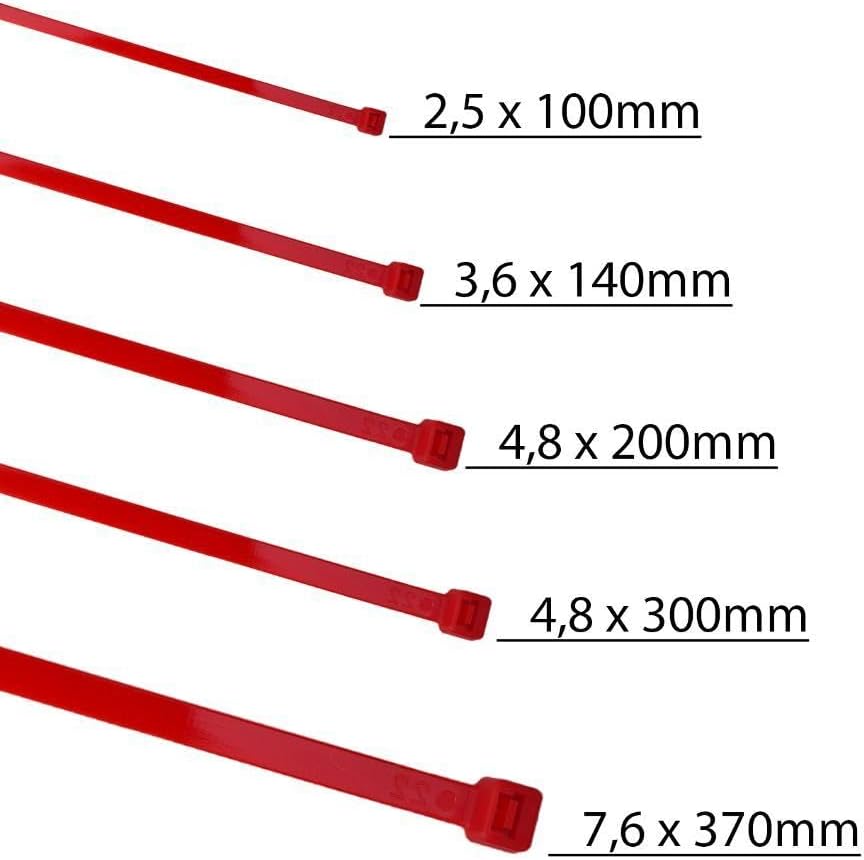 HorzeFix Kabelbinder 100 Stück rot lang uv beständig Universalbinder 2,5/3,6/4,8/7,6 breit horzefix