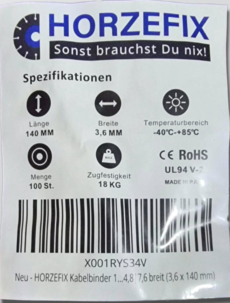 HorzeFix Kabelbinder 100 Stück schwarz uv beständig Universalbinder 2,5/3,6/4,8/7,6 breit horzefix