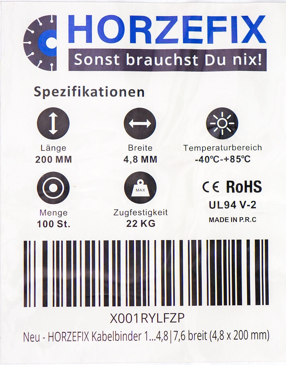 HorzeFix Kabelbinder 100 Stück schwarz uv beständig Universalbinder 2,5/3,6/4,8/7,6 breit horzefix