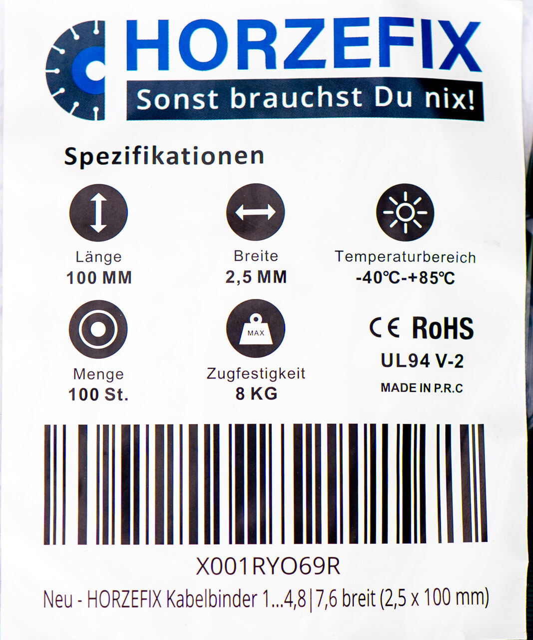 HorzeFix Kabelbinder 100 Stück schwarz uv beständig Universalbinder 2,5/3,6/4,8/7,6 breit horzefix