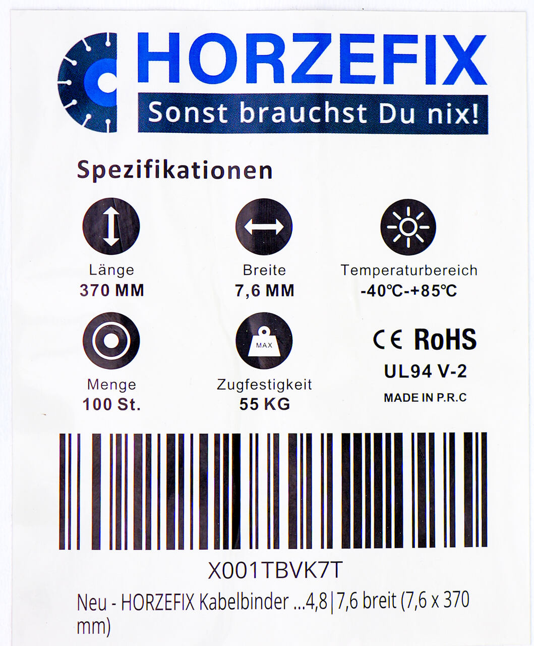 HorzeFix Kabelbinder 100 Stück weiß wetterfest lang uv beständig Universalbinder 2,5/3,6/4,8/7,6 breit horzefix