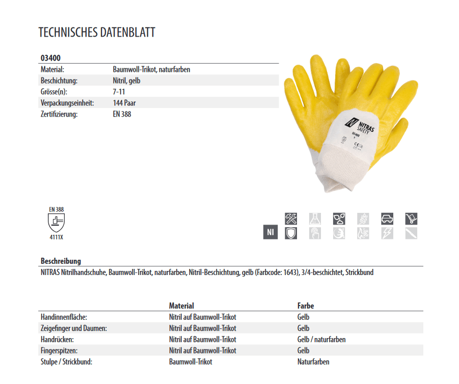 Nitras 03400 Nitrilhandschuhe mit Strickbund gelb teilbeschichtet 12 Paar Gr 8-11 horzefix