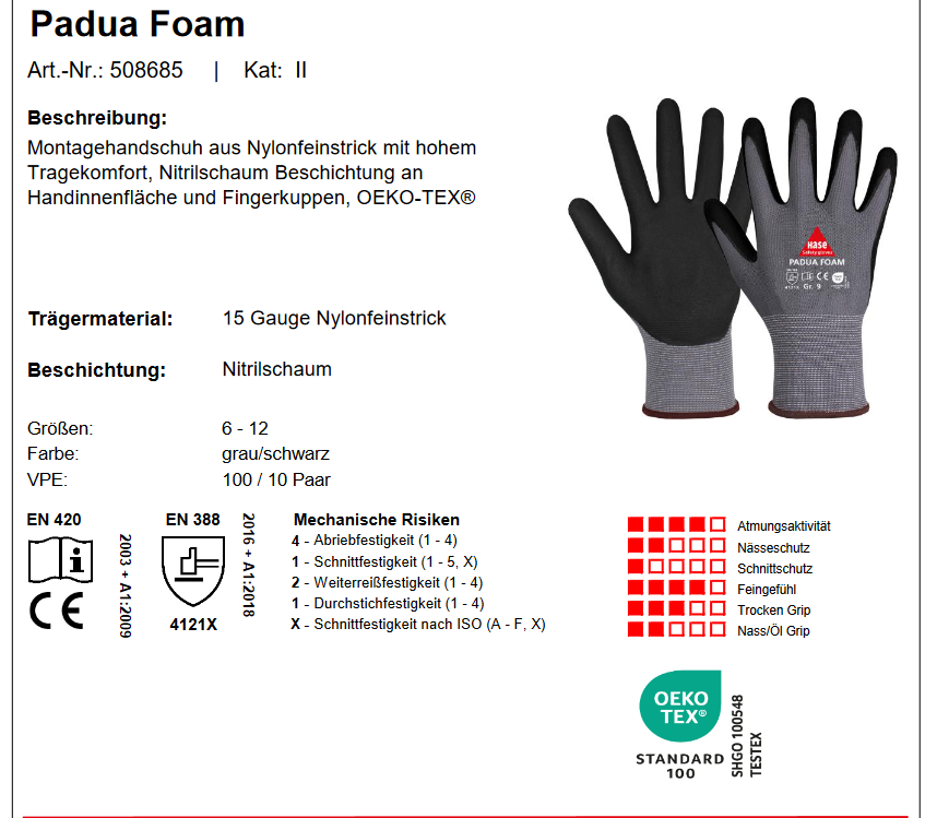 508685 Padua Foam Montagehandschuh aus Nylon/Nitrilschaum 10 Paar Gr. 6-11