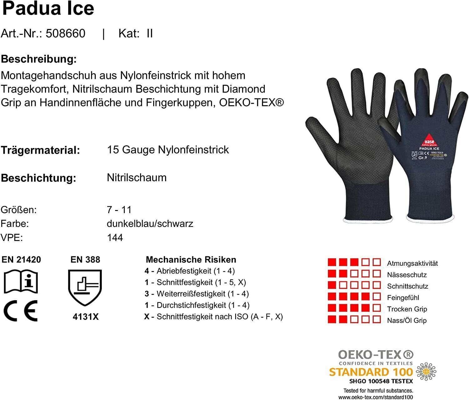508660 Hase Padua Ice Montagehandschuh aus Nylon/Nitrilschaum 12 Paar Gr 7-11