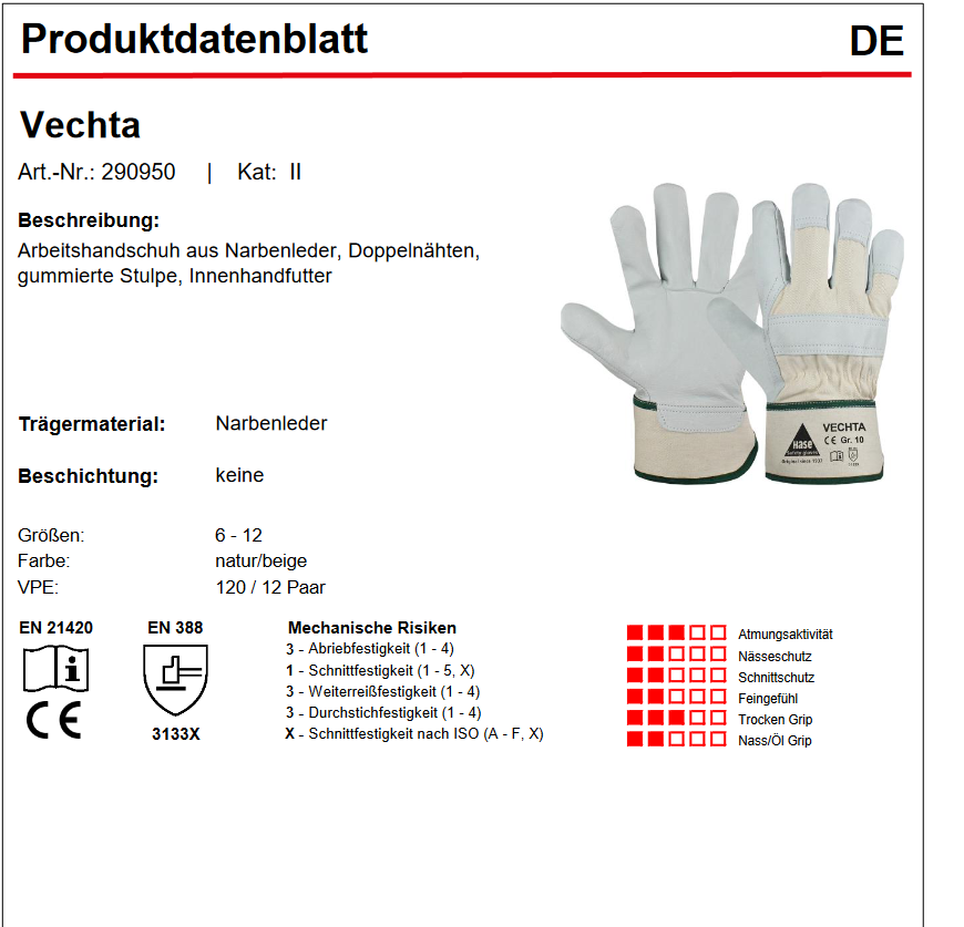 290950 Hase Vechta Arbeitshandschuh aus Narbenleder natur 12 Paar Gr 9-11