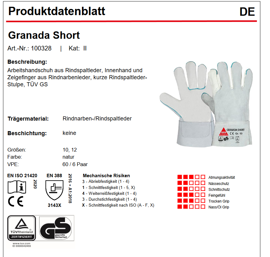 100328 Hase GRANADA-short 5-Fg. Sicherheitshandschuh aus Rindleder 6 Paar Gr 10 und 12