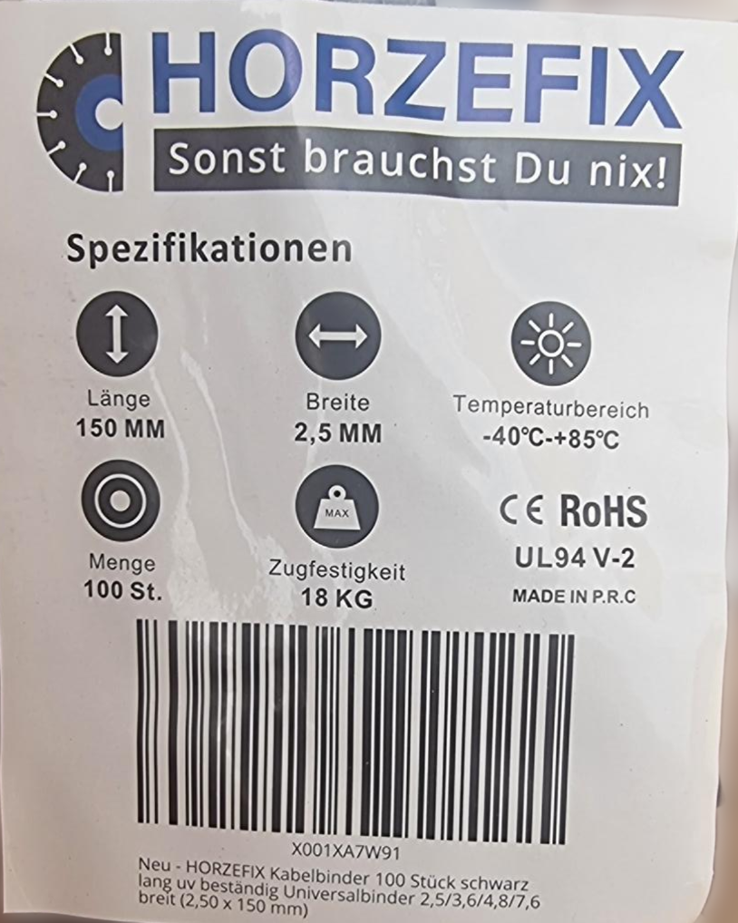 HorzeFix Kabelbinder 100 Stück schwarz uv beständig Universalbinder 2,5/3,6/4,8/7,6 breit