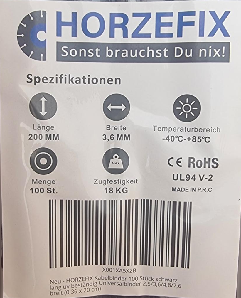 HorzeFix Kabelbinder 100 Stück schwarz uv beständig Universalbinder 2,5/3,6/4,8/7,6 breit